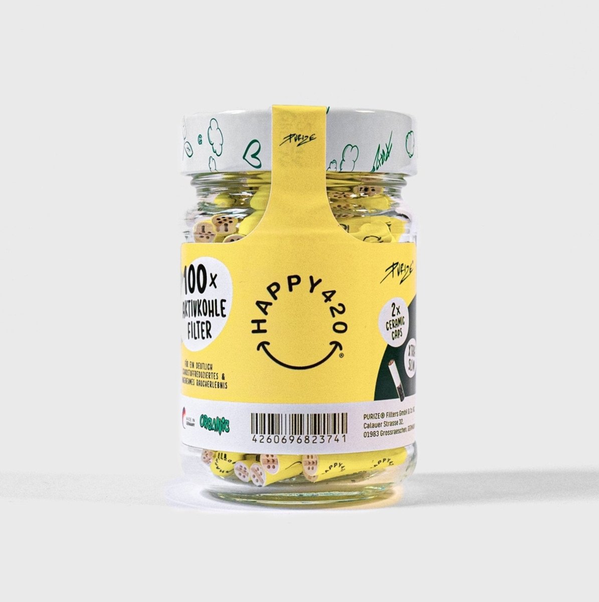 Happy420 x Purize Aktivkohlefilter Headshop 100er Glas - Hanfify®